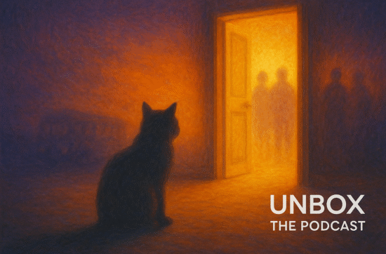 A silhouetted cat sits in a dimly lit room facing an open doorway glowing with golden light, where blurred human figures stand, with the text “UNBOX THE PODCAST” at the bottom right.