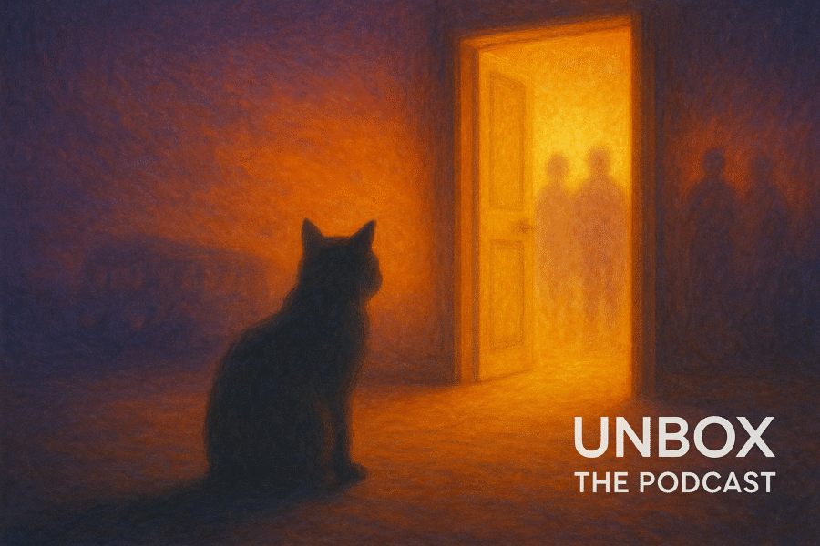 A silhouetted cat sits in a dimly lit room facing an open doorway glowing with golden light, where blurred human figures stand, with the text “UNBOX THE PODCAST” at the bottom right.