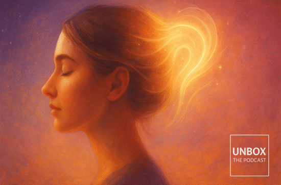 Podcast thumbnail with the title “Intuition Is The New Intelligence – Are You Listening To Your Inner Voice?”. On the right, a serene painting of a woman in profile with eyes closed, glowing light flowing from her head into a warm purple and orange background. On the left, the Unbox The Podcast logo with Sahar Palmer.