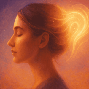 A woman in profile with eyes closed, glowing light flowing from her head into a warm purple and orange background.