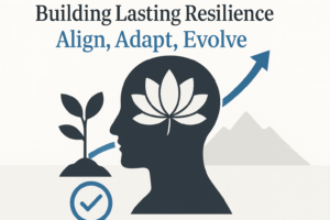 Illustration showing the concept of resilience, with a human head silhouette containing a lotus flower, a small plant, a check mark, and an upward arrow against a soft beige background with distant mountains, symbolising growth, clarity, and alignment.