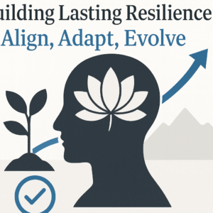 Illustration showing the concept of resilience, with a human head silhouette containing a lotus flower, a small plant, a check mark, and an upward arrow against a soft beige background with distant mountains, symbolising growth, clarity, and alignment.