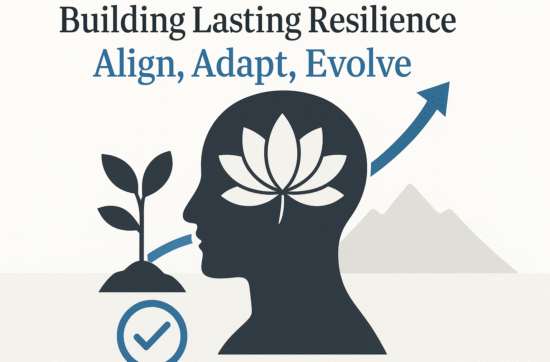 Illustration showing the concept of resilience, with a human head silhouette containing a lotus flower, a small plant, a check mark, and an upward arrow against a soft beige background with distant mountains, symbolising growth, clarity, and alignment.