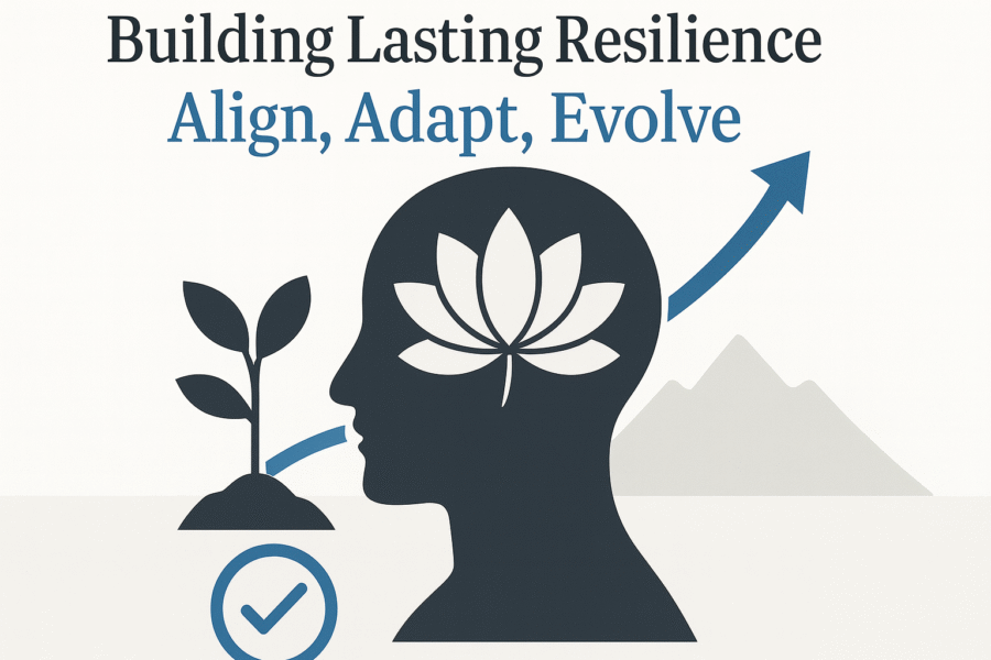 Illustration showing the concept of resilience, with a human head silhouette containing a lotus flower, a small plant, a check mark, and an upward arrow against a soft beige background with distant mountains, symbolising growth, clarity, and alignment.