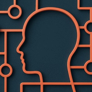 A 3D-rendered digital illustration of an orange-red human head profile outlined in continuous lines, interconnected with geometric shapes and nodes, set against a textured dark blue background, symbolising intuitive intelligence and interconnected thinking.
