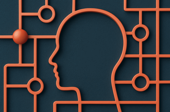 A 3D-rendered digital illustration of an orange-red human head profile outlined in continuous lines, interconnected with geometric shapes and nodes, set against a textured dark blue background, symbolising intuitive intelligence and interconnected thinking.