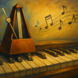 Oil painting of a wooden metronome resting on a grand piano, with floating music lines scattered in the air above, painted in warm and cool tones to symbolise rhythm and flow.