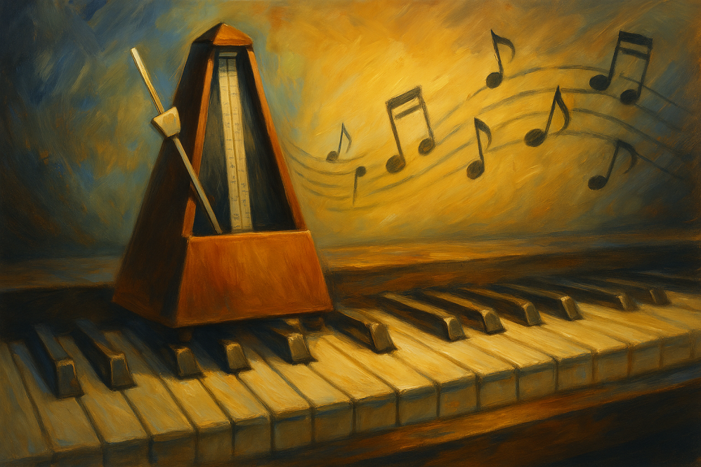 Oil painting of a wooden metronome resting on a grand piano, with floating music lines scattered in the air above, painted in warm and cool tones to symbolise rhythm and flow.