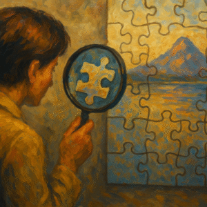 AI generated image of a figure facing a jigsaw puzzle of a mountain scene, and looking at one piece through a magnifying glass