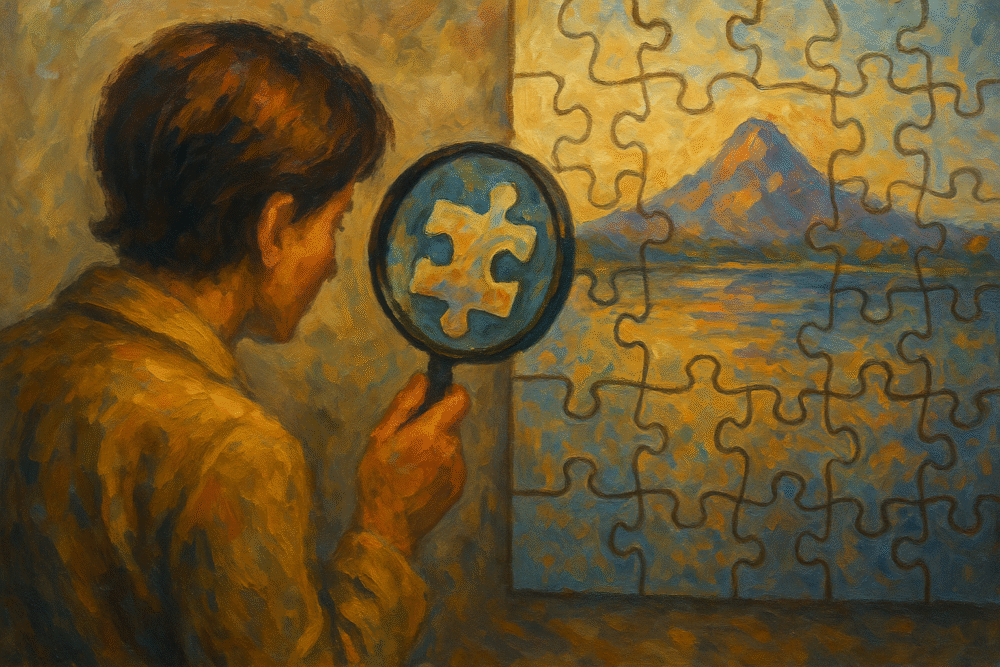 AI generated image of a figure facing a jigsaw puzzle of a mountain scene, and looking at one piece through a magnifying glass
