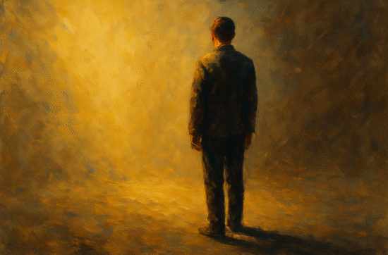 Oil painting of a solitary figure standing in warm golden light, facing forward while their shadow falls clearly behind them, symbolising transformation and the release of old stories.