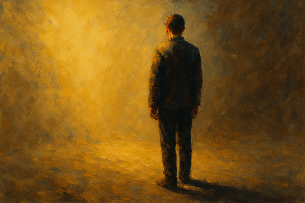 Oil painting of a solitary figure standing in warm golden light, facing forward while their shadow falls clearly behind them, symbolising transformation and the release of old stories.