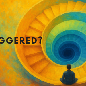 cover of latest Unbox The Podcast episode Triggered, a graphic illustration of a man sitting on a spiral