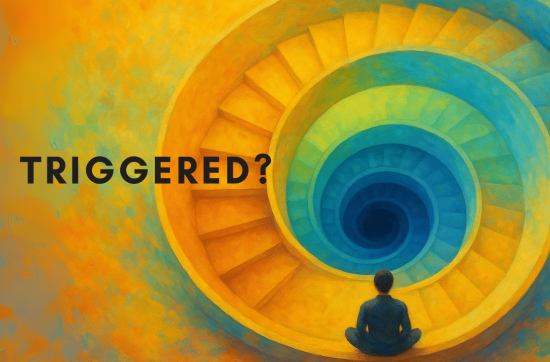 cover of latest Unbox The Podcast episode Triggered, a graphic illustration of a man sitting on a spiral