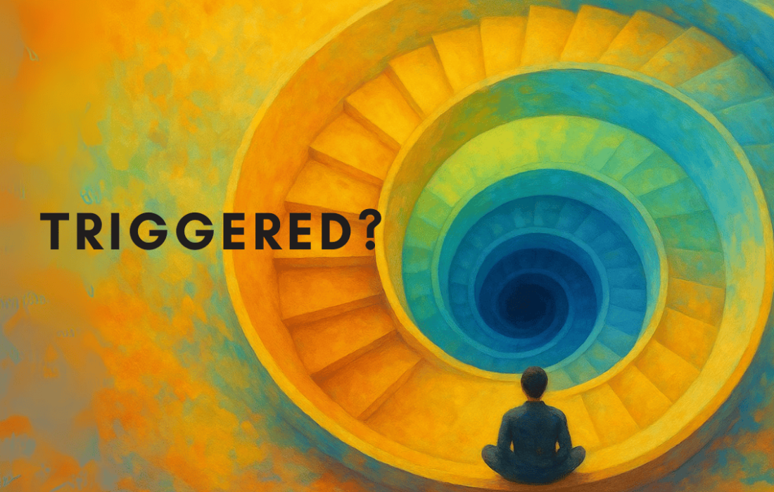 cover of latest Unbox The Podcast episode Triggered, a graphic illustration of a man sitting on a spiral