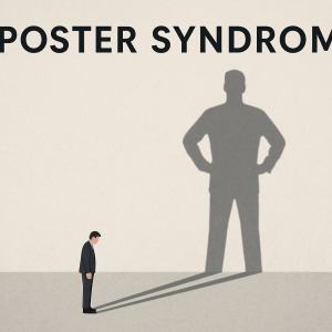 A horizontal minimalist illustration of a man standing small and hunched, casting a large confident shadow on the wall behind him—symbolising impostor syndrome and the contrast between self-doubt and inner strength