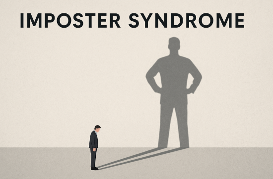 A horizontal minimalist illustration of a man standing small and hunched, casting a large confident shadow on the wall behind him—symbolising impostor syndrome and the contrast between self-doubt and inner strength