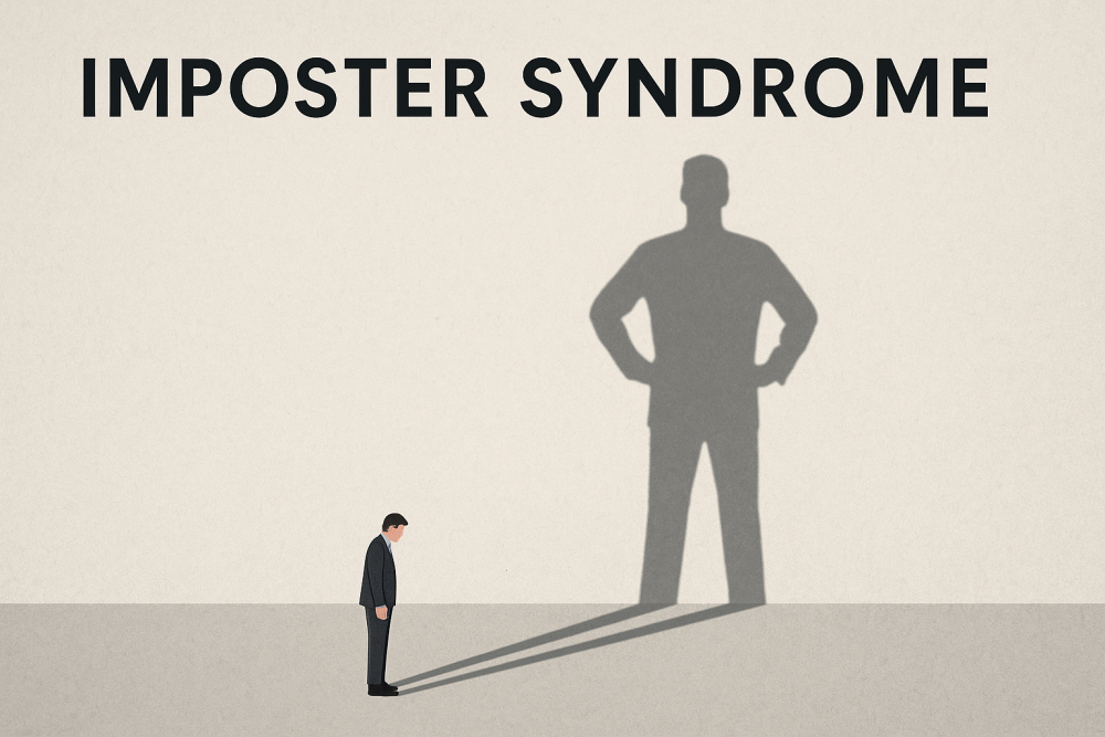 A horizontal minimalist illustration of a man standing small and hunched, casting a large confident shadow on the wall behind him—symbolising impostor syndrome and the contrast between self-doubt and inner strength