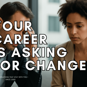 Two professionals, a man and a woman, seated in a calm modern workspace, reflecting thoughtfully, symbolising awareness, transition, and purpose-driven career change.