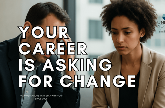 Two professionals, a man and a woman, seated in a calm modern workspace, reflecting thoughtfully, symbolising awareness, transition, and purpose-driven career change.