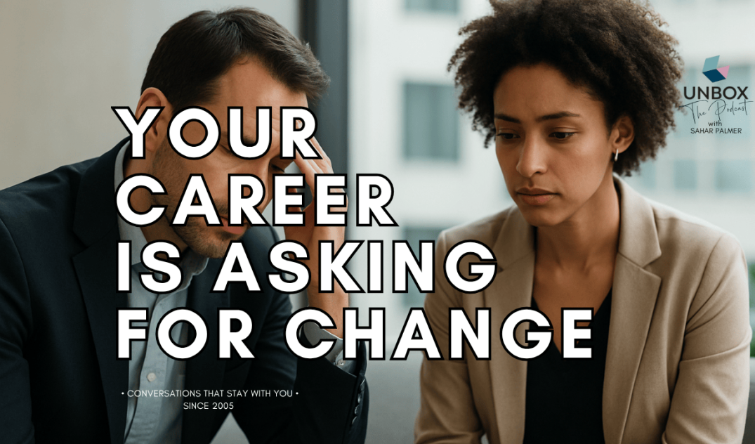 Two professionals, a man and a woman, seated in a calm modern workspace, reflecting thoughtfully, symbolising awareness, transition, and purpose-driven career change.