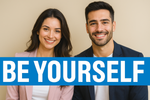 A confident man and woman standing outdoors in natural light, both stylish and self-assured, representing authentic leadership, clarity, and self-awareness.