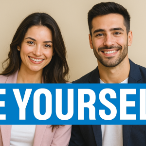 A confident man and woman standing outdoors in natural light, both stylish and self-assured, representing authentic leadership, clarity, and self-awareness.