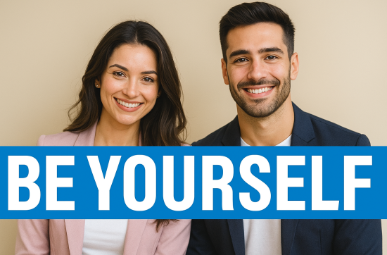 A confident man and woman standing outdoors in natural light, both stylish and self-assured, representing authentic leadership, clarity, and self-awareness.