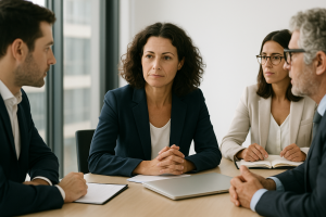 A calm professional woman in a navy blazer stands in a modern boardroom with colleagues discussing a decision, symbolising intuitive leadership and composed confidence.