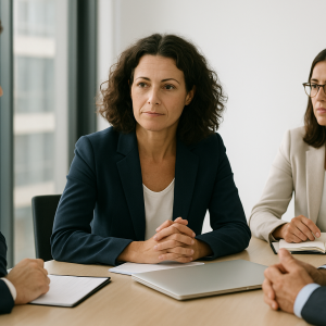 A calm professional woman in a navy blazer stands in a modern boardroom with colleagues discussing a decision, symbolising intuitive leadership and composed confidence.