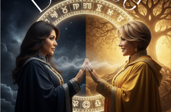 Cover image for Finding Your Balance – Tools for Life™ by Sahar Huneidi Palmer, showing two women in contrasting robes — one in dark blue under a night sky, the other in gold beneath a sunlit tree — facing each other with hands touching across a glowing zodiac circle, symbolising harmony and inner alignment.