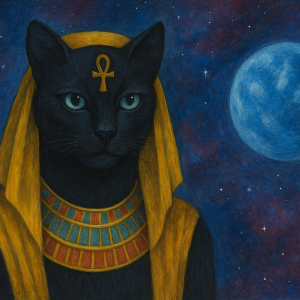 Illustration of a Paschat-inspired Egyptian feline figure with a golden ankh on the forehead, wearing a traditional collar and headdress, set against a star-filled night sky with a blue planet in the background.
