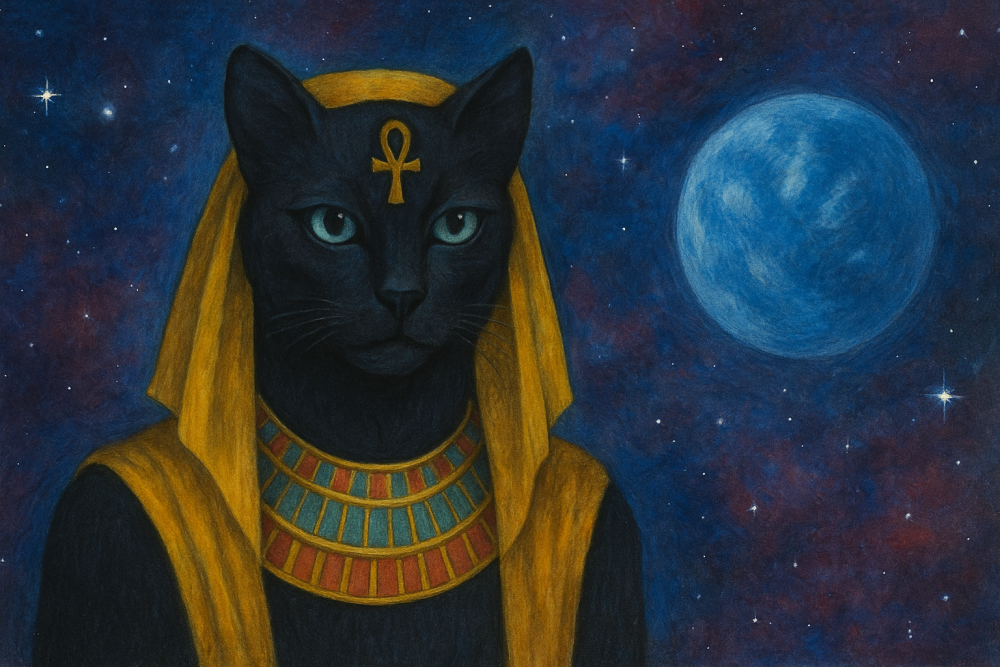 Illustration of a Paschat-inspired Egyptian feline figure with a golden ankh on the forehead, wearing a traditional collar and headdress, set against a star-filled night sky with a blue planet in the background.