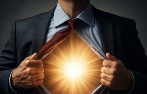A man in a suit pulls open his shirt to reveal a bright, radiant golden light shining from his chest, symbolising hidden inner strength and untapped personal powe