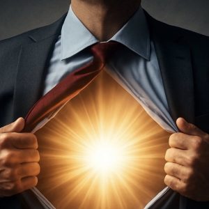 A man in a suit pulls open his shirt to reveal a bright, radiant golden light shining from his chest, symbolising hidden inner strength and untapped personal powe