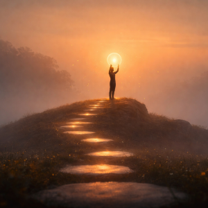 Abstract image showing a solitary figure standing on a path, holding a glowing light against a soft horizon, symbolising inner validation, self-trust, and alignment without external approval.