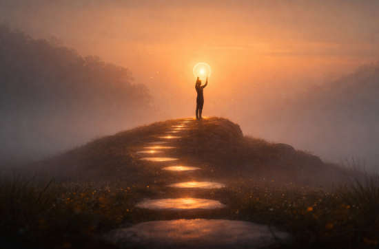 Abstract image showing a solitary figure standing on a path, holding a glowing light against a soft horizon, symbolising inner validation, self-trust, and alignment without external approval.