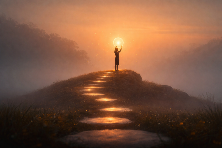Abstract image showing a solitary figure standing on a path, holding a glowing light against a soft horizon, symbolising inner validation, self-trust, and alignment without external approval.