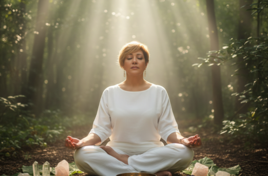 Intuitive life mentor and author Sahar Huneidi Palmer sitting in yoga pose in lush forest meditating on her Clearing psychic Blockage meditation