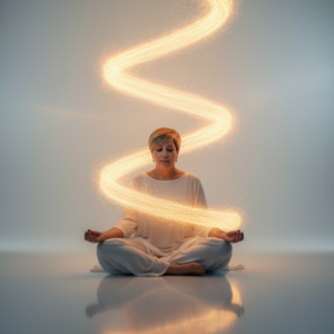 Life mentor Sahar Huneidi Palmer in yoga pose against serene background on the cover of her Connecting with your spirit guides meditation.