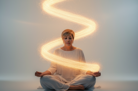 Life mentor Sahar Huneidi Palmer in yoga pose against serene background on the cover of her Connecting with your spirit guides meditation.