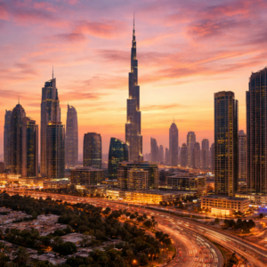 Dubai city skyline at sunset, showing modern high-rise buildings and a changing evening sky.