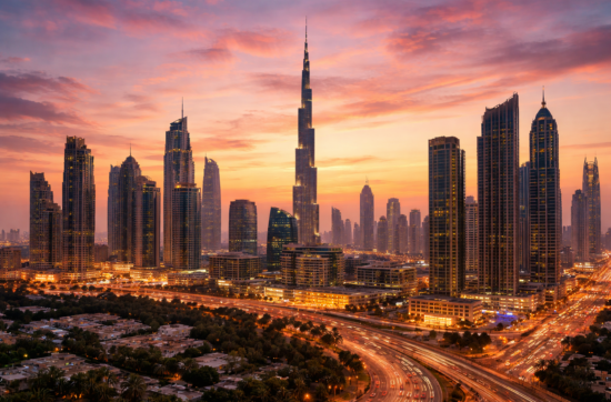 Dubai city skyline at sunset, showing modern high-rise buildings and a changing evening sky.