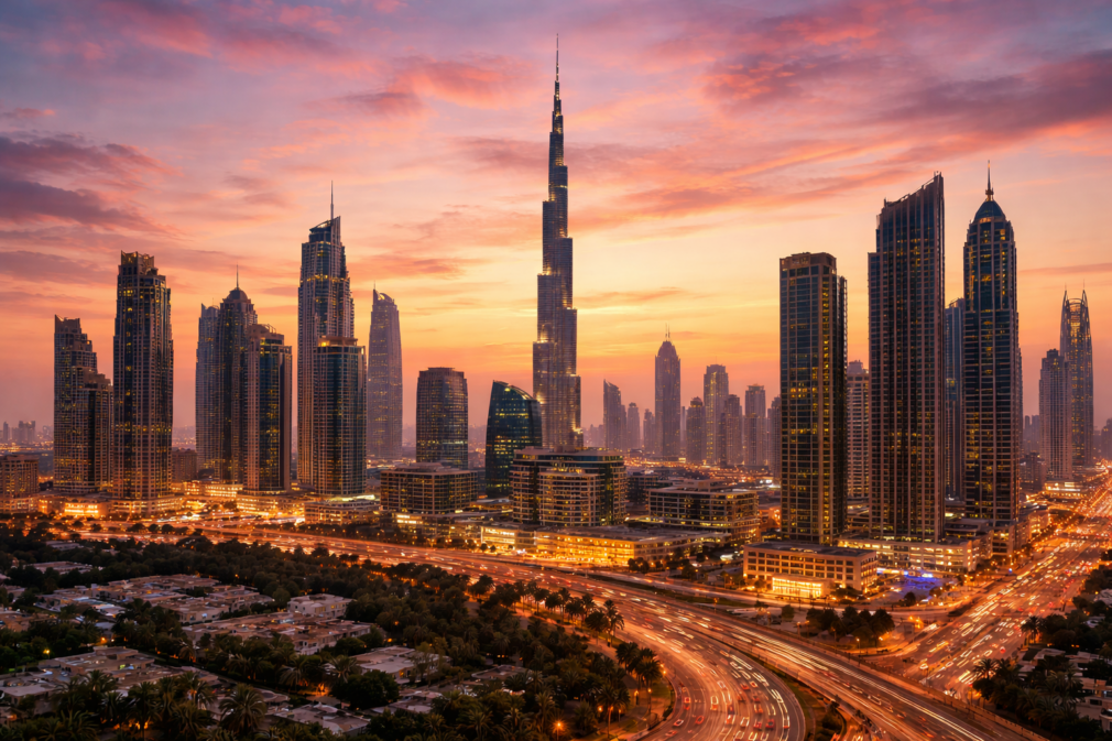 Dubai city skyline at sunset, showing modern high-rise buildings and a changing evening sky.