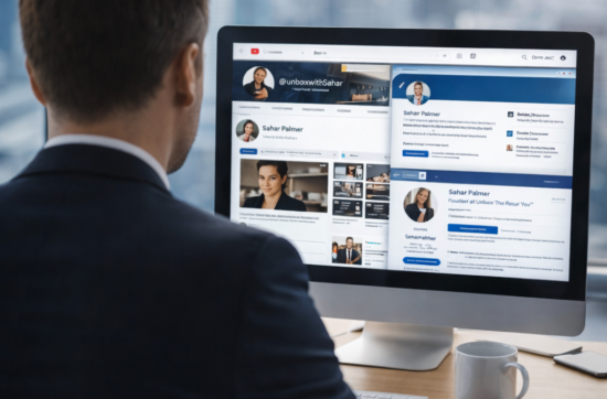 Strategic brand clarity session visual showing a professional man facing a digital interface with structured content blocks and platform elements, representing positioning, visibility, and online presence alignment.