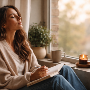 Woman sitting by a window with a notebook, pausing to reflect and listen to her inner thoughts in a calm, natural light setting.