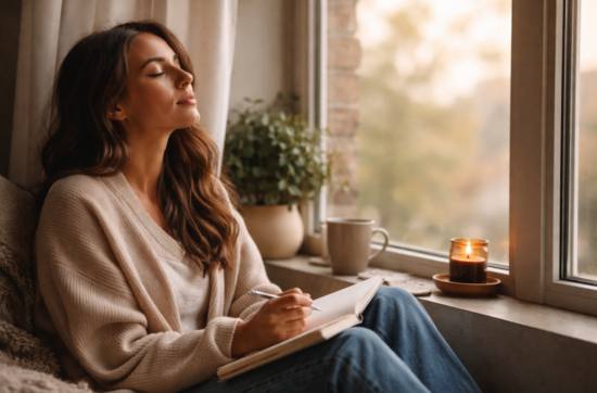 Woman sitting by a window with a notebook, pausing to reflect and listen to her inner thoughts in a calm, natural light setting.