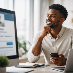 Thoughtful man seated at a desk in a modern workspace, looking at a blurred social media profile on a screen, reflecting on identity and professional presence