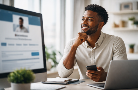 Thoughtful man seated at a desk in a modern workspace, looking at a blurred social media profile on a screen, reflecting on identity and professional presence