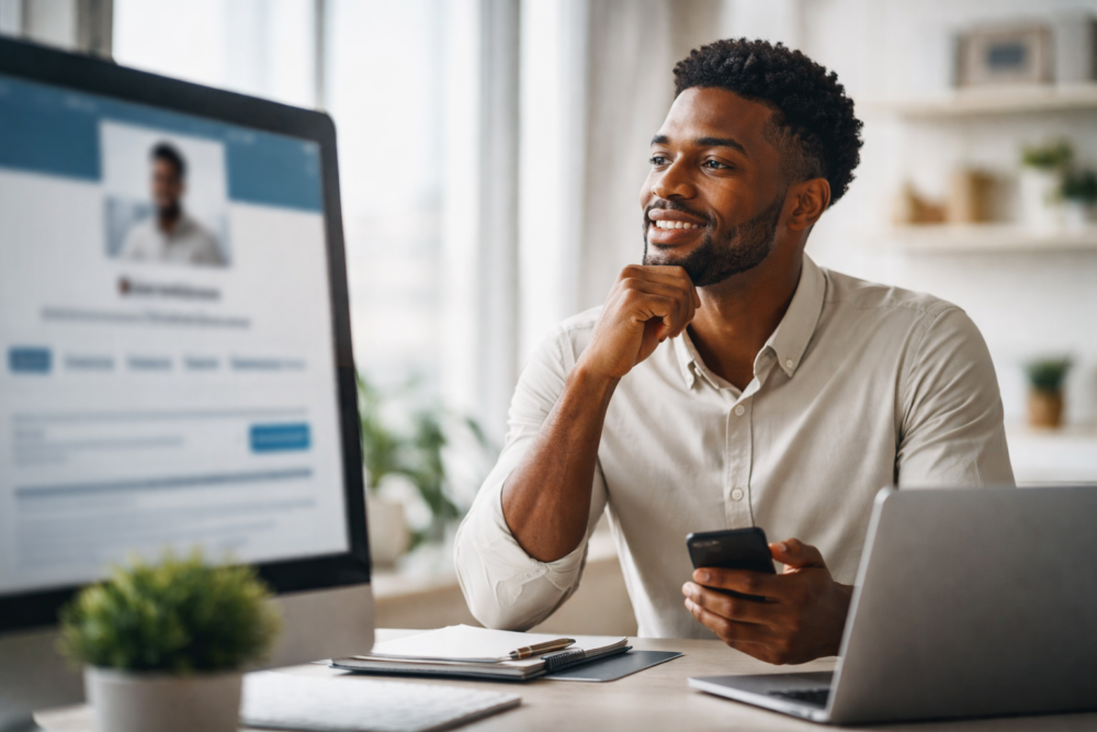 Thoughtful man seated at a desk in a modern workspace, looking at a blurred social media profile on a screen, reflecting on identity and professional presence